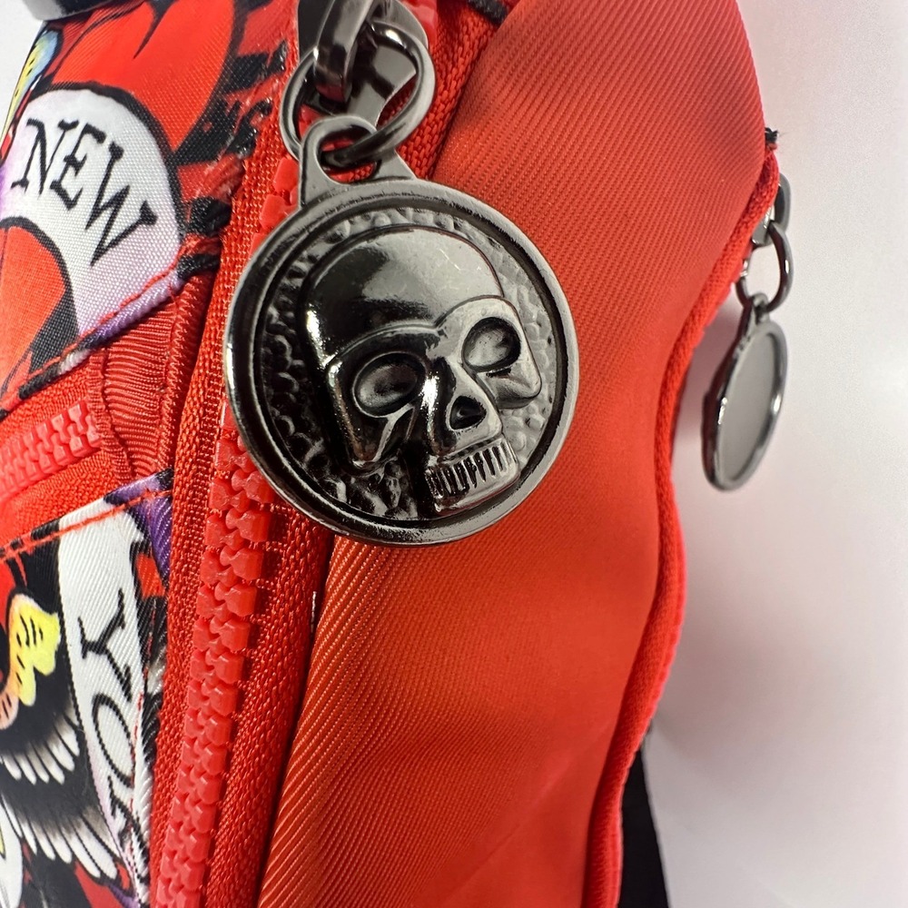 Ed Hardy Sling Backpack Unisex Red Black New York City Skull Eagle Tattoo NWT - Picture 5 of 14